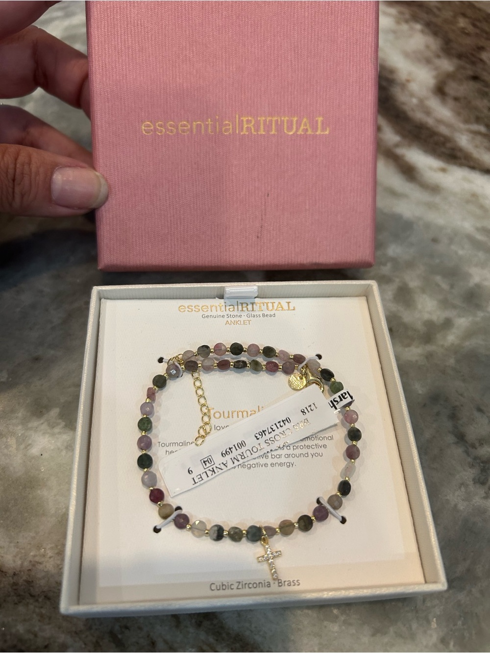 Essential Ritual Multicolor Tourmaline Beaded anklet with Gold Cross Charm BNWT